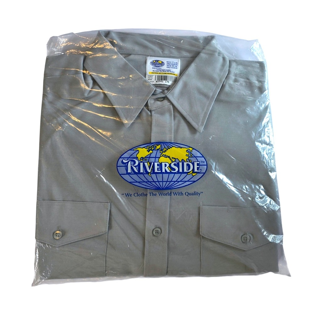 Riverside Mens Gray Short Sleeve Work Shirt 17.5 Neck USA Eagle Patch New